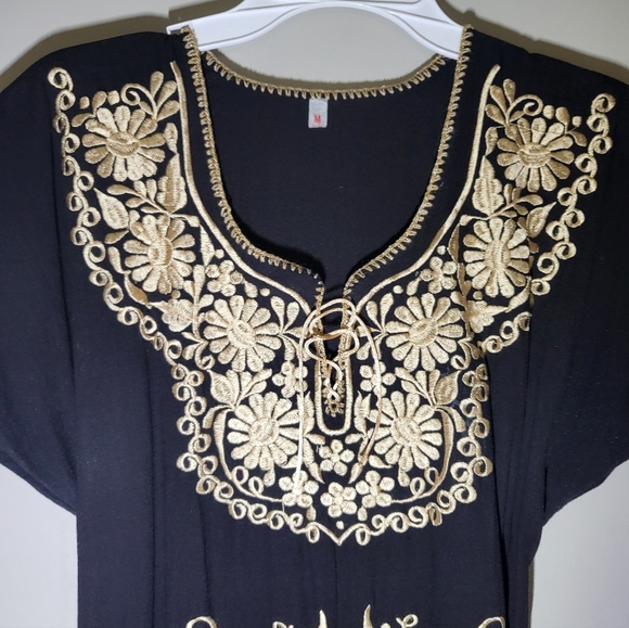 Mexican Elegant Black and Gold Embroidered Midi Dress - Picture 14 of 15
